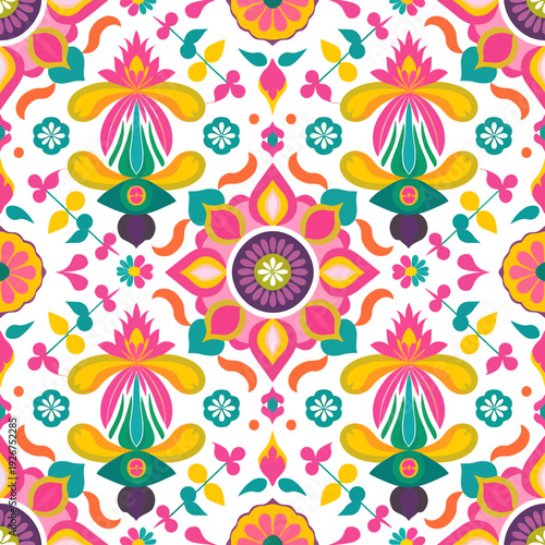 vector seamless repeating rangoli pattern in flat vector style. The design features symmetrical geometric shapes, floral motifs, peacocks, lotus flowers, and traditional oil lamps (divas).