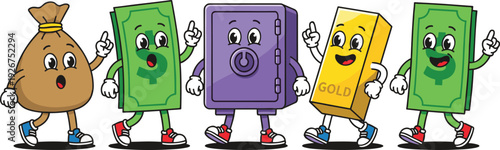 Cartoon money characters illustration, dollar bill, money bag, gold bar, safe, wealth, finance, economy, banking, savings, investment, currency, cash, assets