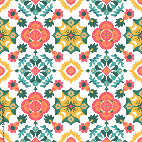 vector seamless repeating rangoli pattern in flat vector style. The design features symmetrical geometric shapes, floral motifs, peacocks, lotus flowers, and traditional oil lamps (divas).