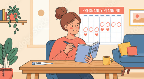 Hopeful woman with brown hair sits at a desk writing in a journal, tracking her ovulation and fertility on a pregnancy planning calendar in a warm and cozy room