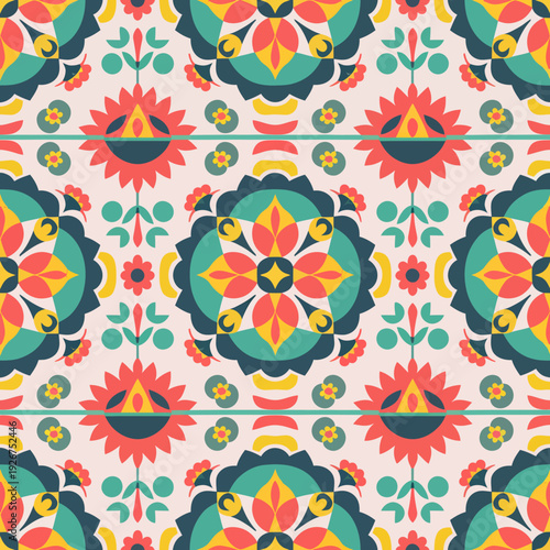 vector seamless repeating rangoli pattern in flat vector style. The design features symmetrical geometric shapes, floral motifs, peacocks, lotus flowers, and traditional oil lamps (divas).