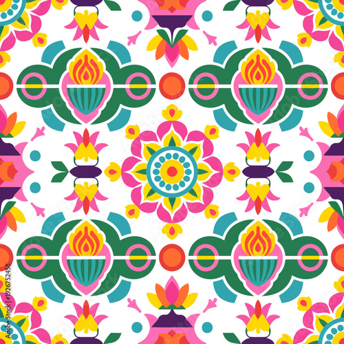 vector seamless repeating rangoli pattern in flat vector style. The design features symmetrical geometric shapes, floral motifs, peacocks, lotus flowers, and traditional oil lamps (divas).