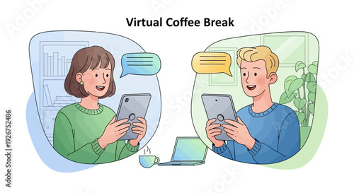 Virtual Coffee Break Online Meeting Illustration with Two Colleagues Chatting via Tablet Representing Remote Work, Digital Communication, Team Collaboration and Friendly Online Workplace Interaction C