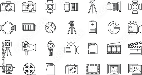 Photography and videography line icon set with cameras, lenses, tripods, film reels, batteries and studio equipment for media production design