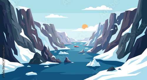Vector illustration of a majestic arctic fjord with snow-covered mountains, icebergs floating in the cold blue water, and a small red ship sailing towards the distant sun