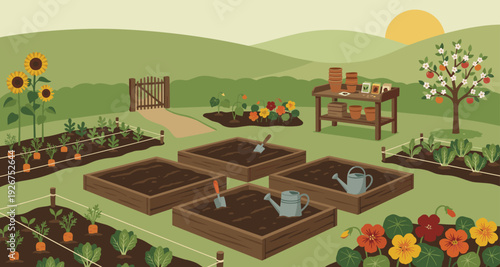 Vibrant home garden scene with various plants, raised beds, and gardening tools under a warm sun, illustrating a peaceful natural landscape