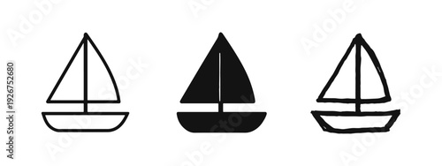 Sailboat icon set in various styles: outline, glyph, and hand-drawn. Nautical and travel symbols.