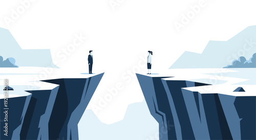 A businessman and a businesswoman stand on opposite sides of a large rocky chasm in a blue and white landscape.