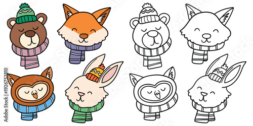 Hand-drawn cartoon and doodle winter set of animals with scarves and hats on a white background. Bear, fox, owl, hare.