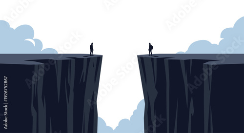 Two human silhouettes stand on the edges of separate dark blue cliffs facing each other across a wide white gap with soft clouds.