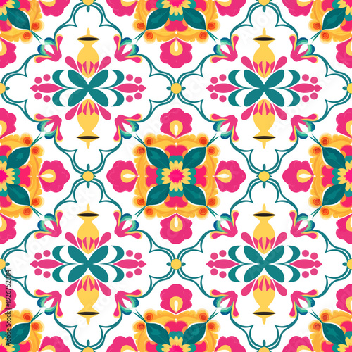 vector seamless repeating rangoli pattern in flat vector style. The design features symmetrical geometric shapes, floral motifs, peacocks, lotus flowers, and traditional oil lamps (divas).