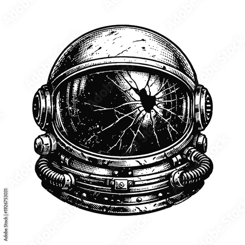 Vintage Engraved Damaged Astronaut Helmet. B&W illustration: shattered visor, impact hole. Grungy sci-fi art: cosmic peril, failed missions, dystopian futures, abandoned space. Evokes vulnerability, b