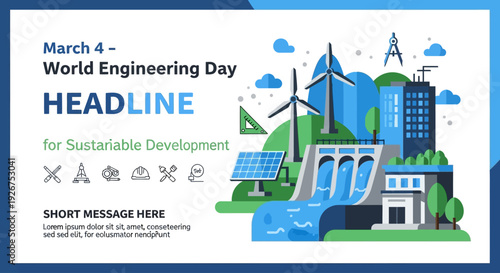 Sustainable cityscape with renewable energy sources on World Engineering Day