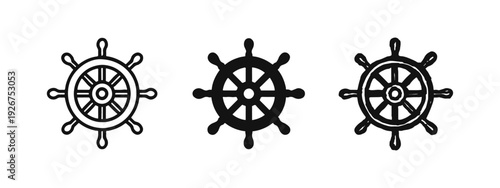 Ship's wheel icon set in various styles: outline, glyph, and hand-drawn. Nautical and direction symbols.