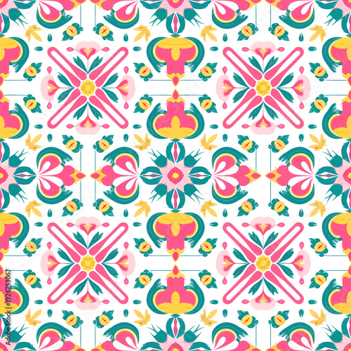 vector seamless repeating rangoli pattern in flat vector style. The design features symmetrical geometric shapes, floral motifs, peacocks, lotus flowers, and traditional oil lamps (divas).