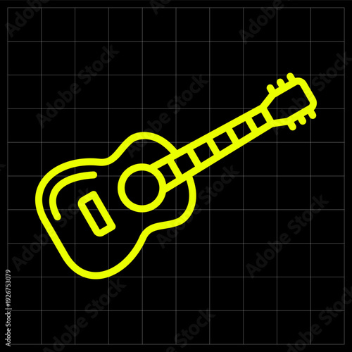 Acoustic Guitar Musical Instrument Neon Yellow Outline Icon Minimalist Style. Elegant acoustic guitar neon icon ideal for music festival posters, instrument store branding, or musician social media.