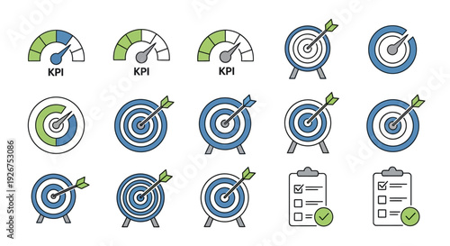 Business Target Achievement and Performance Measurement Icons Set Featuring Bullseye, Goal Tracking, KPI Indicators, Speedometer Gauge and Strategic Success Metrics in Modern Flat Vector Style