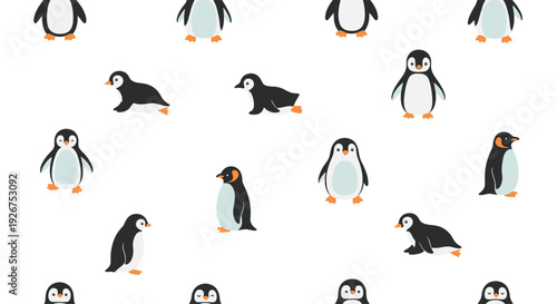 A pattern of small cartoon penguins with orange feet and beaks shown in standing and sliding positions across a plain white background.