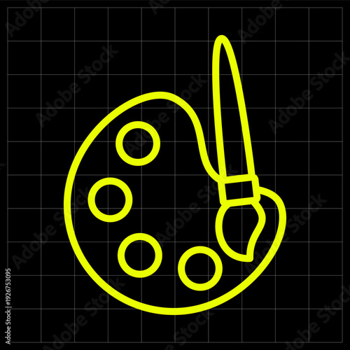 Artistic Paint Palette and Brush Neon Yellow Outline Icon Design. Creative art palette icon with neon yellow lines for graphic design studios, painting workshops, or artistic portfolio websites.