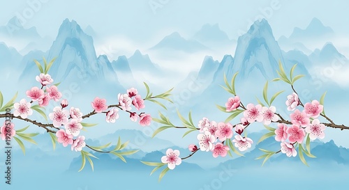 Delicate pink blossoms adorn branches against a misty mountain backdrop.