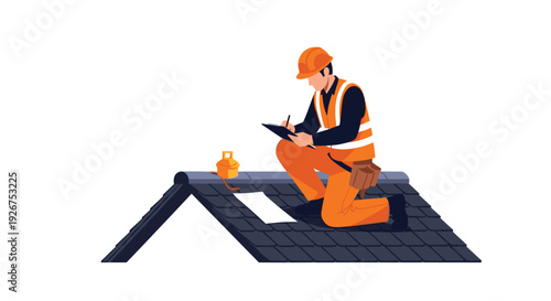 A man wearing an orange safety uniform and helmet kneels on a dark grey shingled roof while writing on a clipboard with a pen.