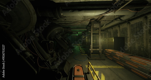 Fényképezés narrow engine passage with heavy machinery, flickering green lights, exposed pip