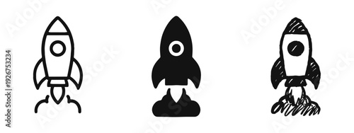 Launching Rocket Icon Set with Outline, Filled, and Hand-Drawn Styles for Startup and Space Concepts