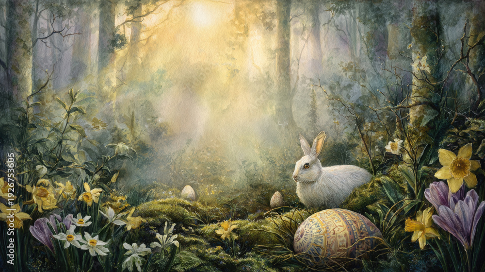 Fototapeta premium Enchanting watercolor Easter bunny in magical spring forest with hidden painted eggs and blooming daffodils, whimsical woodland landscape with soft morning sunlight for holiday greeting card design
