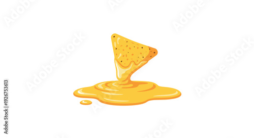 A single yellow triangular nacho chip is dipped into a pool of melted orange cheese sauce against a plain white background.