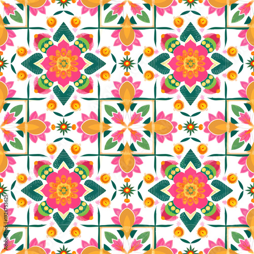 vector seamless repeating rangoli pattern in flat vector style. The design features symmetrical geometric shapes, floral motifs, peacocks, lotus flowers, and traditional oil lamps (divas).