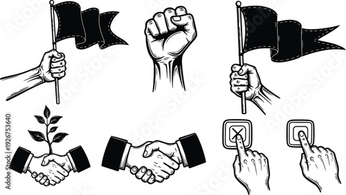 Black and White Vector Set of Hands Holding Flags Raised Fist Handshakes and Voting Icons for Protest Activism Democracy and Cooperation