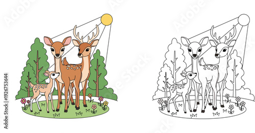 Adorable Cartoon Deer Family in Forest Clearing - Fawn, Doe, and Buck Under Sunlight - Vector