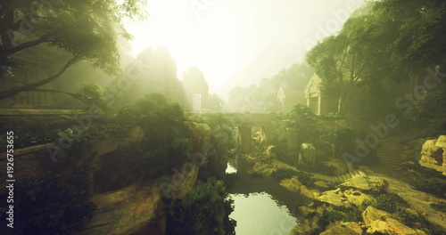 Canvas-taulu stone bridge crossing sunlit canyon river, dramatic sunbeams piercing through tr