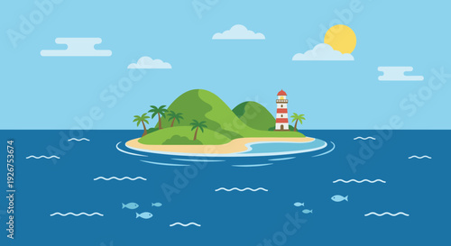 Tropical island with a lighthouse and palm trees floating in the blue ocean with fish under a sunny sky, a flat design vector illustration for travel concepts