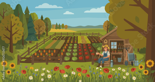 Rural landscape illustration of a happy gardener taking a break with a drink by a wooden shed in a lush vegetable garden with neat rows of crops and colorful flowers