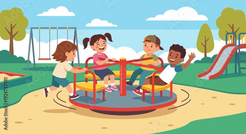 Four happy diverse children playing together on a spinning merry-go-round at a sunny outdoor park playground with a slide and swings in a flat cartoon vector illustration