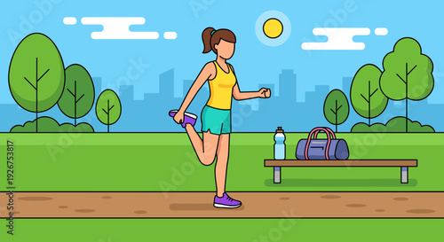 Young faceless athletic woman in sportswear stretching her leg quadriceps muscle before a run in a sunny city park with a bench, water bottle, and gym bag
