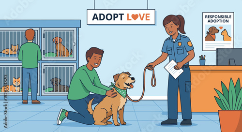 Heartwarming illustration of a man adopting a rescue dog from an animal shelter worker, finding a new furry friend and a forever home for a pet in need