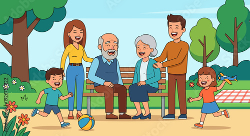 Cheerful three-generation family illustration showing grandparents on a bench, parents standing, and children playing happily in a summer park with green trees and flowers