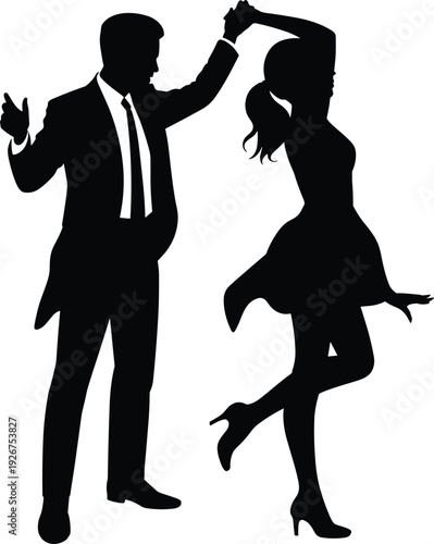 Silhouette of elegant dancing couple isolated on white background, man and woman performing social dance, romantic partnership, ballroom style vector illustration