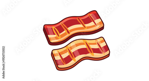 Two slices of crispy cooked bacon with dark brown grill marks are positioned diagonally against a plain white background in this vector art.