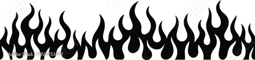 Black fire flame silhouette border, horizontal tribal flame vector illustration, racing car decal graphic, hot rod fire pattern on white background.