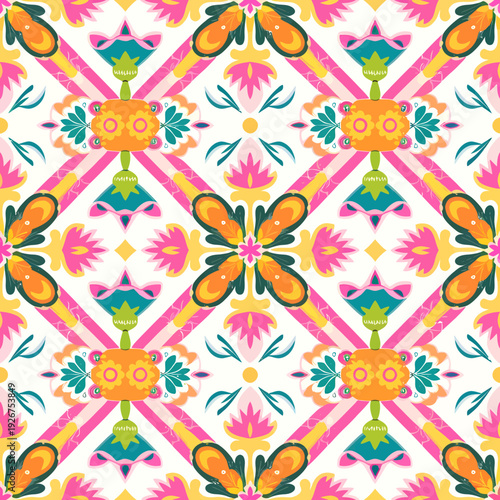 vector seamless repeating rangoli pattern in flat vector style. The design features symmetrical geometric shapes, floral motifs, peacocks, lotus flowers, and traditional oil lamps (divas).
