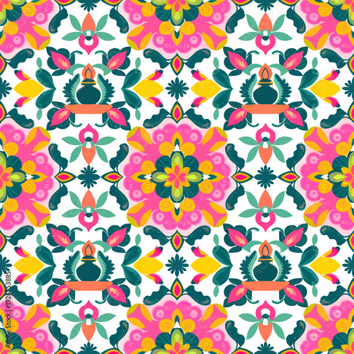vector seamless repeating rangoli pattern in flat vector style. The design features symmetrical geometric shapes, floral motifs, peacocks, lotus flowers, and traditional oil lamps (divas).