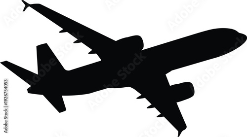 Black silhouette of a passenger airplane flying in the sky, commercial jet aircraft taking off or landing isolated on white.