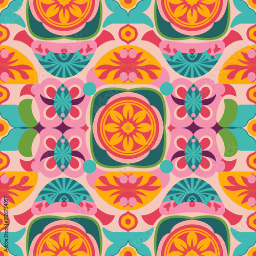 vector seamless repeating rangoli pattern in flat vector style. The design features symmetrical geometric shapes, floral motifs, peacocks, lotus flowers, and traditional oil lamps (divas).