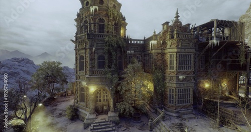 Quadro su tela Snow dusted manor with warm glow, restoration architect surveying crumbling faca
