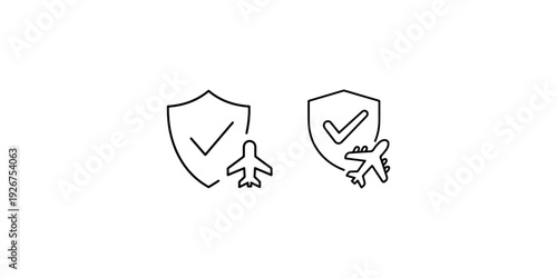 Collection of line icons illustrating travel insurance protection with shield and airplane symbol, safety concept
