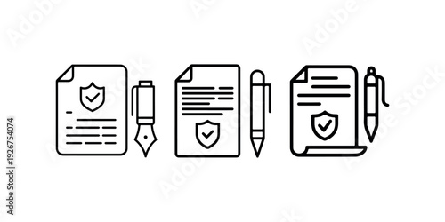 Document with security shield and pen vector icon set, simple line art contract and signature outline illustration collection on white background