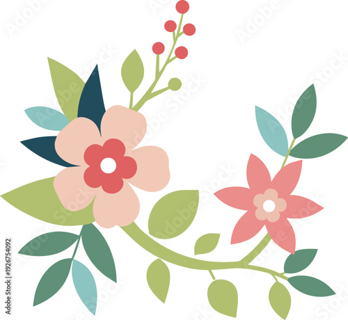 Pastel floral arrangement with leaves and flowers decorative botanical flat design vector illustration